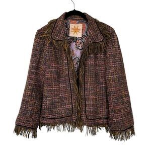 Plenty Tracy Reese Jacket Women 12 Pink Brown Tweed Wool Fringe Preppy Boho